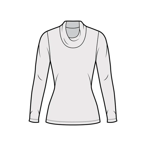 Maglia a collo alto Cowl jersey illustrazione tecnica di moda con maniche lunghe, forma aderente, lunghezza della tunica — Vettoriale Stock