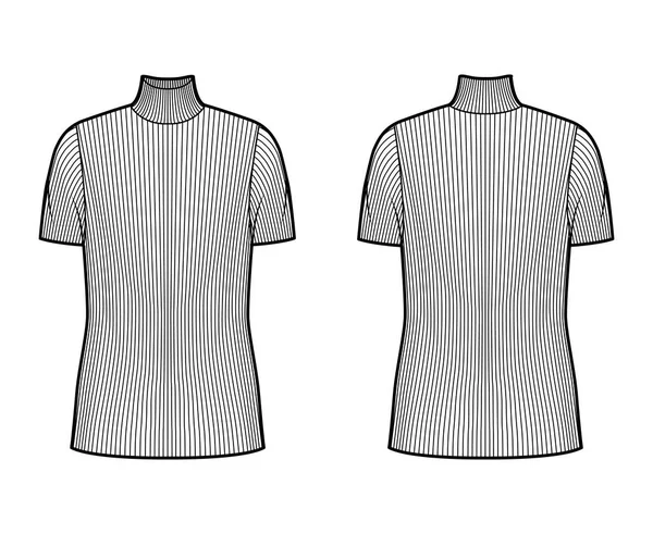 Jersey de punto acanalado con cuello alto ilustración técnica de moda con mangas cortas de costillas, cuerpo sobredimensionado, longitud de túnica. — Vector de stock