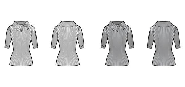 Szeroki golf-up Żebrowany sweter techniczny moda ilustracja z rękawami łokciowymi, długość tuniki. — Wektor stockowy