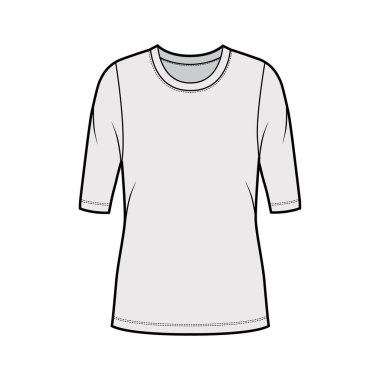 Tayfa yaka kazağı, dirsek kollu, geniş vücutlu, tunik uzunluklu teknik moda illüstrasyonu.. 