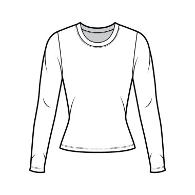 Tayfa yakalı kazak. Uzun kollu, kısa biçimli teknik moda illüstrasyonu.. 