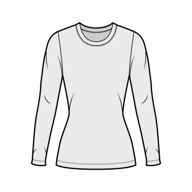 Tayfa yakalı kazak uzun kollu, kısa biçimli, tunik uzunluklu teknik moda illüstrasyonu.. 