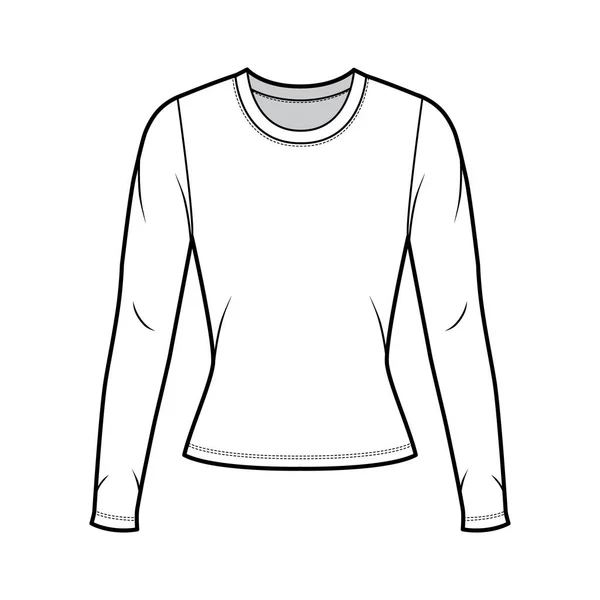 Rundhalsausschnitt Jersey Pullover technische Mode Illustration mit langen Ärmeln, eng anliegende Form. — Stockvektor