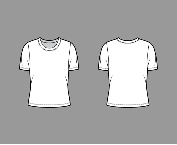 T-Shirt mit Rundhalsausschnitt technische Mode-Illustration mit kurzen Ärmeln, übergroßer Körper. — Stockvektor