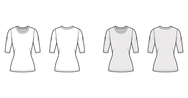 Jersey cuello redondo jersey técnica moda ilustración con mangas de codo, forma ajustada, longitud de la túnica. — Archivo Imágenes Vectoriales