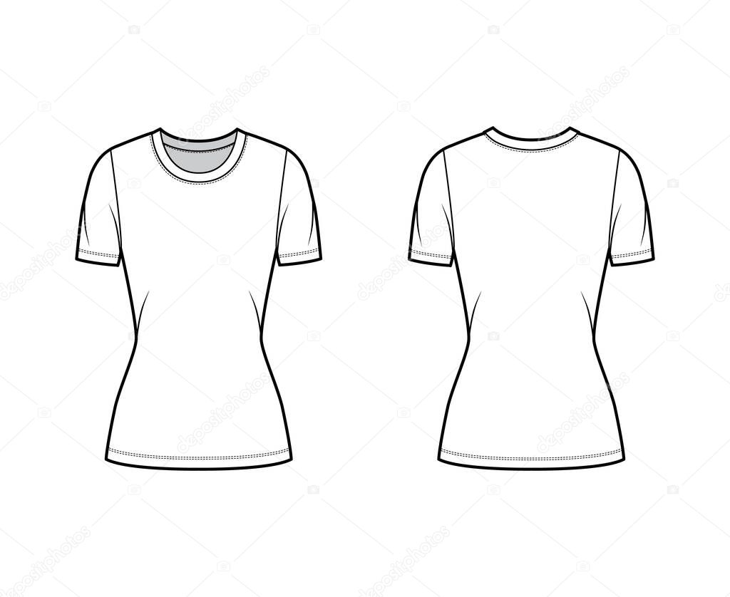 Crew neck jersey t-shirt technical fashion illustration with short sleeves, close-fitting shape, tunic length