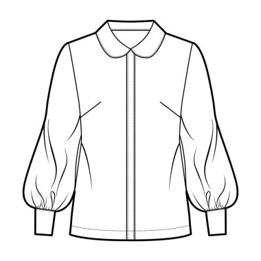 Uzun fil kollu gömlek, yuvarlak yakalı, ön düğmeli, silueti gevşek teknik moda illüstrasyon.