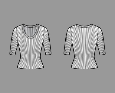 Tırtıklı kepçe yaka örgü süveter, dirsek kollu, kısa biçimli teknik moda illüstrasyonu.. 
