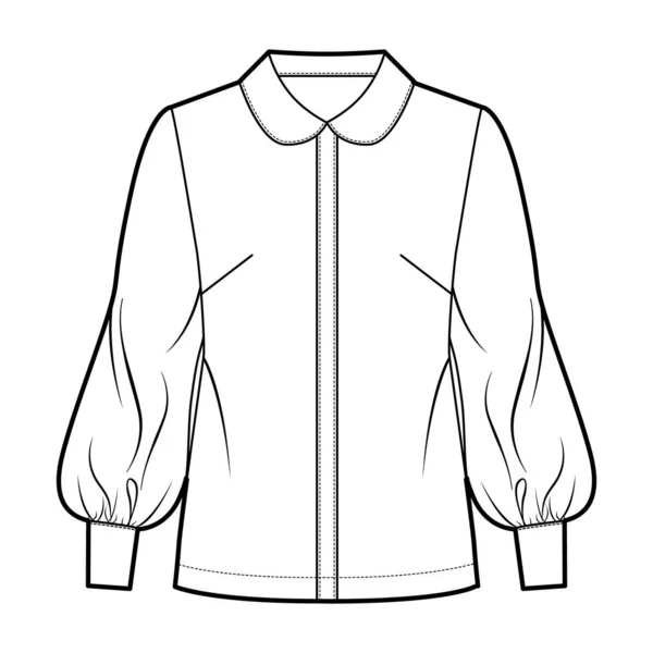 Chemise à manches longues évêque illustration de mode technique avec col rond, fermeture par bouton avant, silhouette ample — Image vectorielle