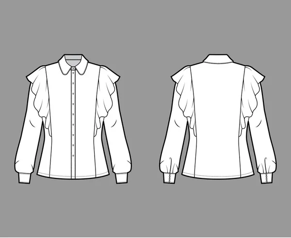 Рубашка техническая модная иллюстрация со встроенным кузовом, круглый воротник с подставкой, взъерошенные и длинные рукава с манжетами. — стоковый вектор