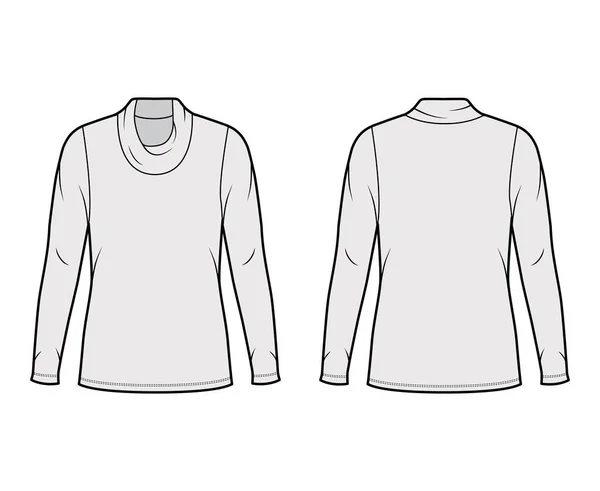 Maglia a collo alto Cowl jersey illustrazione tecnica di moda con maniche lunghe, corpo oversize, lunghezza della tunica. — Vettoriale Stock