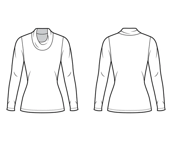 Cowl turtleneck jersey technical fashion illustration with long sleeves, close fitting shape, tunic length — 图库矢量图片