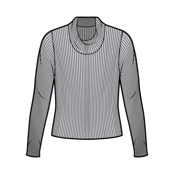 Pull en maille à col roulé côtelé illustration de mode technique avec manches longues, corps surdimensionné — Image vectorielle