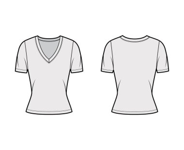 Koyu V yakalı tişört, kısa kollu, kısa biçimli teknik moda illüstrasyonları.. 