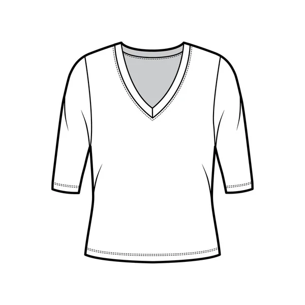 Pull col V profond en jersey illustration de mode technique avec manches coudes, corps surdimensionné. — Image vectorielle