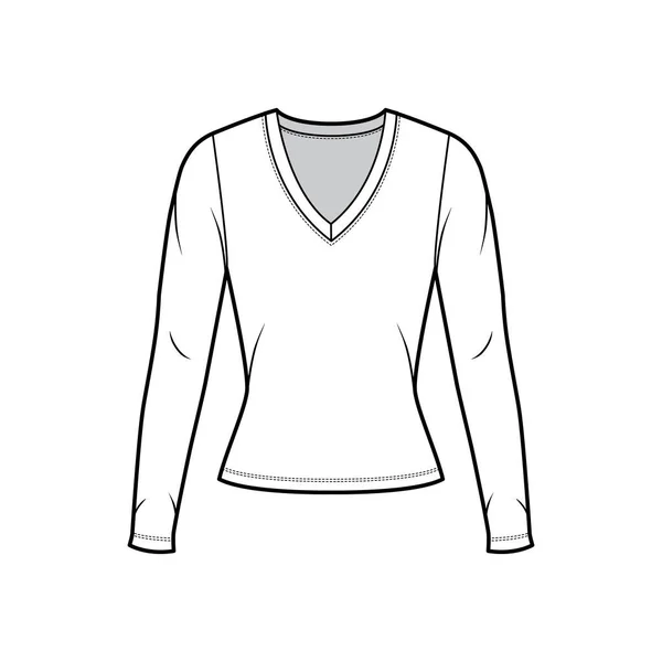 Deep V-neck jersey πουλόβερ τεχνική απεικόνιση μόδας με μακριά μανίκια, στενή εφαρμογή σχήμα. — Διανυσματικό Αρχείο