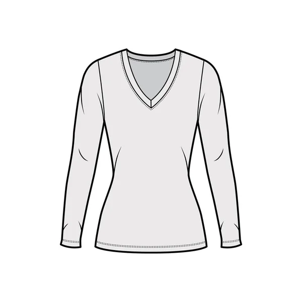 Camisola de pescoço profundo em V técnica de moda ilustração com mangas compridas, forma de encaixe próximo, comprimento de túnica . — Vetor de Stock