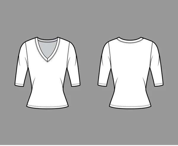 Глубокая V-образный свитер свитер техническая мода иллюстрация с локтевыми рукавами, плотно прилегающей формы. — стоковый вектор
