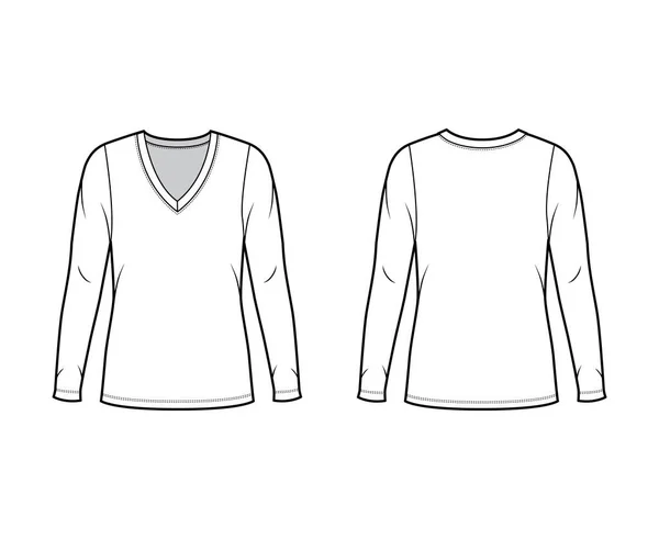 Camisola de pescoço profundo em V técnica de moda ilustração com mangas compridas, corpo de grandes dimensões, comprimento túnica . —  Vetores de Stock
