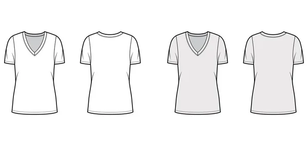 Deep V-neck jersey t-shirt technical fashion illustration with short sleeves, oversized body, tunic length. — Stock Vector