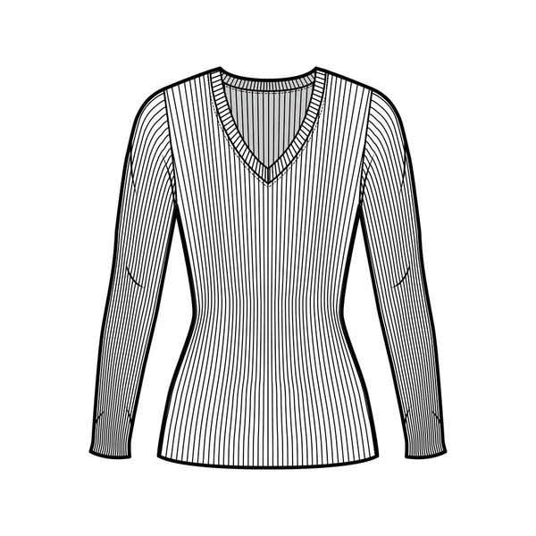 Żebrowany sweter z dzianiny V-neck Ilustracja z długimi rękawami, dopasowany kształt, długość tuniki. — Wektor stockowy