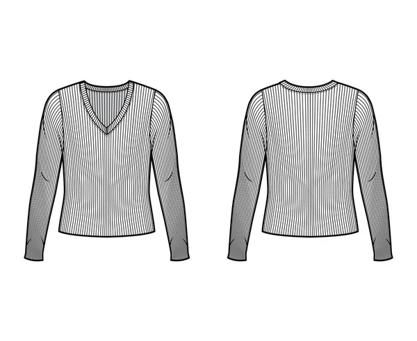 Stuhy V-neck pletený svetr technické módní ilustrace s dlouhými rukávy, nadrozměrné tělo — Stockový vektor