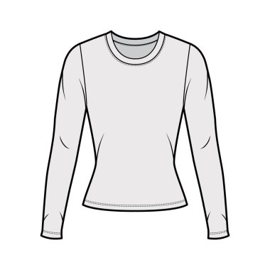 Tayfa yakalı kazak. Uzun kollu, kısa biçimli teknik moda illüstrasyonu.. 