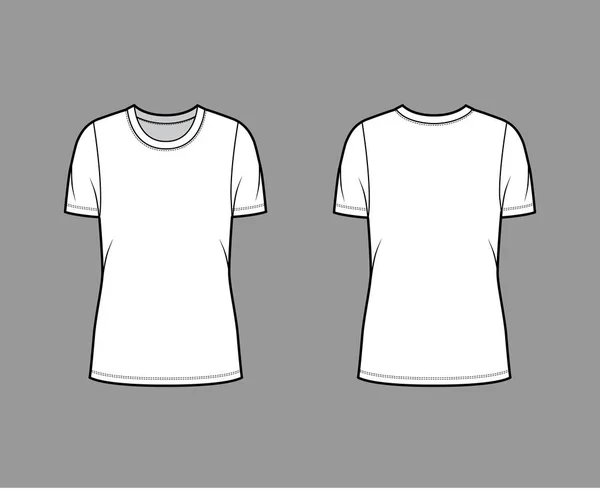 Tričko Crew neck technické módní ilustrace s krátkými rukávy, nadrozměrné tělo, délka tuniky. — Stockový vektor