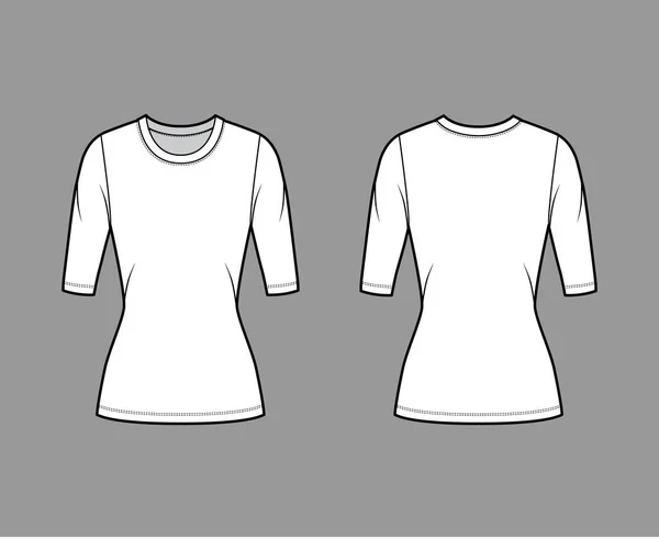 Crew neck dres svetr technické módní ilustrace s lokty rukávy, těsně padnoucí tvar, délka tuniky. — Stockový vektor