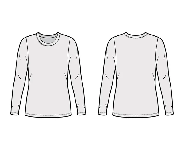 Crew neck dres svetr technické módní ilustrace s dlouhými rukávy, nadrozměrné tělo, délka tuniky. — Stockový vektor