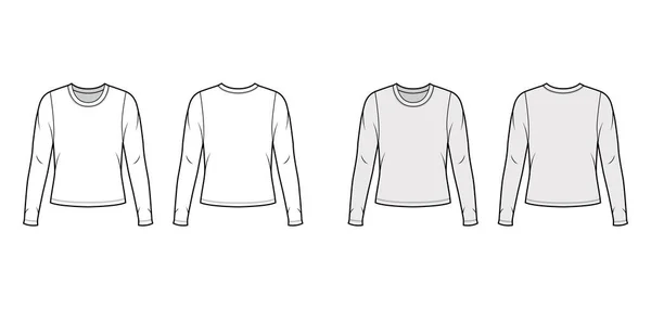 Rundhalsausschnitt Jersey Pullover technische Mode Illustration mit langen Ärmeln, übergroßer Körper — Stockvektor