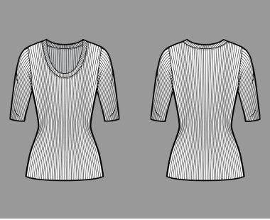 Tırtıklı kepçe yaka örgü süveter, dirsek kollu, kısa biçimli, tunik uzunluklu teknik moda çizimi.. 