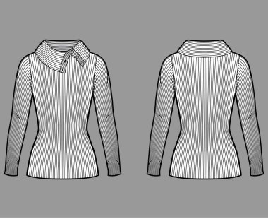 Geniş düğmeli balıkçı yaka kazak. Uzun kollu, tunik uzunluklu teknik tasvirler.. 