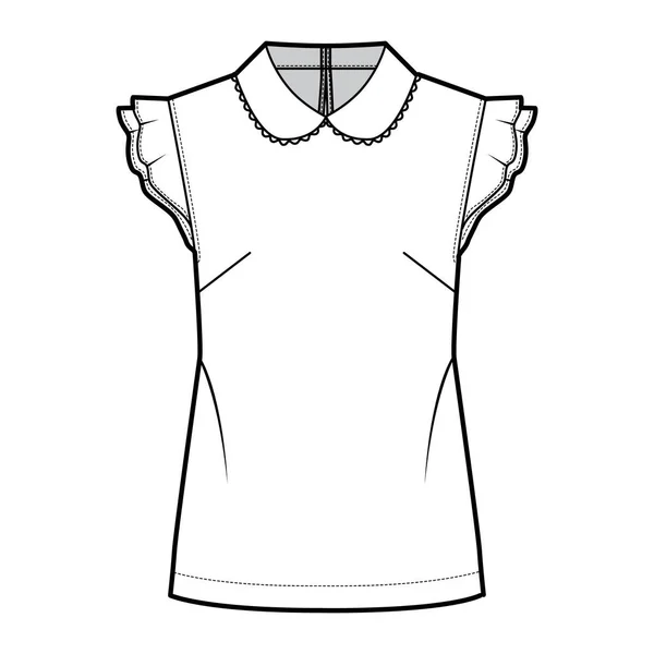 Ronde kraag blouse technische mode illustratie met losse silhouet, flutter mouw, terug knop-sluiting sleutelgat — Stockvector