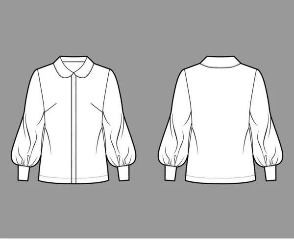 Ilustração de moda técnica de camisa de manga de bispo longo com gola redonda, fixação de botão frontal, silhueta solta —  Vetores de Stock