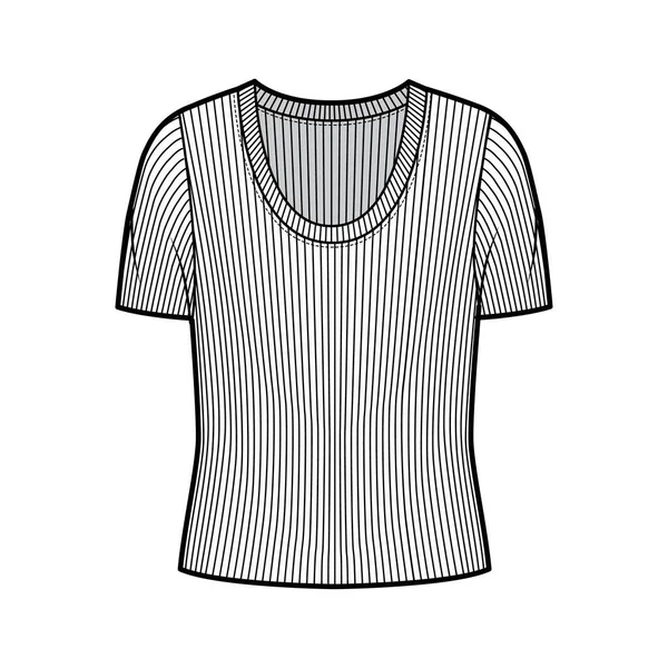 Jersey de punto de cuello redondo acanalado ilustración técnica de moda con mangas costillas cortas, cuerpo de gran tamaño. — Archivo Imágenes Vectoriales