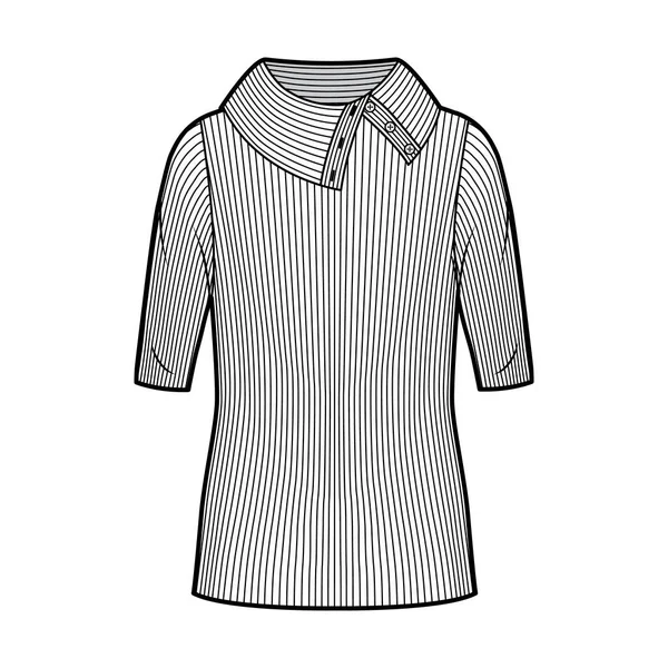 Bred knapp-up polotröja ribbad stickad tröja teknisk mode illustration med armbåge ärmar, nära passform — Stock vektor