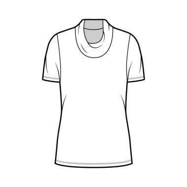 Kapüşonlu balıkçı yaka kazak. Teknik moda illüstrasyonu. Kısa kollu, büyük bedenli, tunik uzunluklu.. 