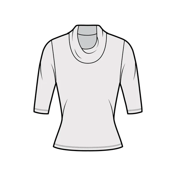 Pull en jersey col roulé Cowl illustration de mode technique avec manches coudes, forme moulante. — Image vectorielle