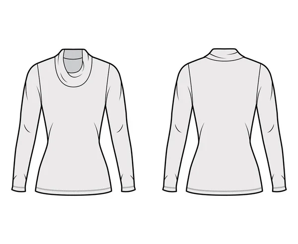 Maglia a collo alto Cowl jersey illustrazione tecnica di moda con maniche lunghe, forma aderente, lunghezza della tunica — Vettoriale Stock