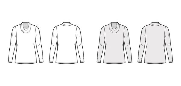 Chawl jersey cuello alto jersey técnica moda ilustración con mangas largas, cuerpo de gran tamaño, longitud de la túnica. — Vector de stock
