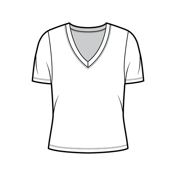 Tief V-Ausschnitt Jersey T-Shirt technische Mode Illustration mit kurzen Ärmeln, übergroßer Körper. — Stockvektor