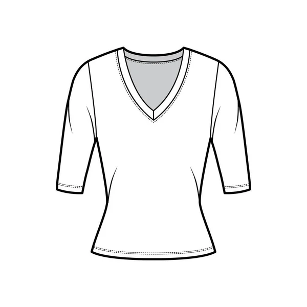 Camisola de gola em V profunda técnica de moda ilustração com mangas de cotovelo, forma de ajuste próximo . —  Vetores de Stock