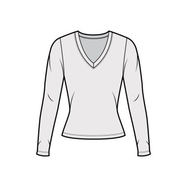 Derin V yakalı kazak. Uzun kollu, dar biçimli teknik moda illüstrasyonu.. 