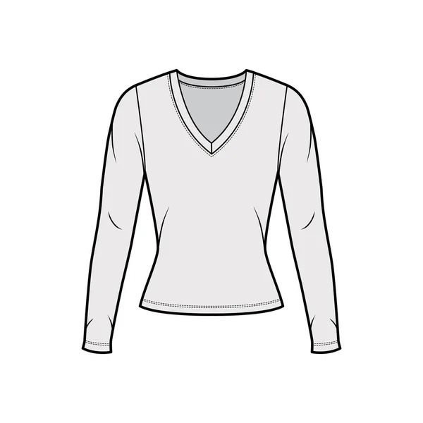 Deep V-neck jersey sweater technical fashion illustration with long sleeves, close-fitting shape. — Stock Vector