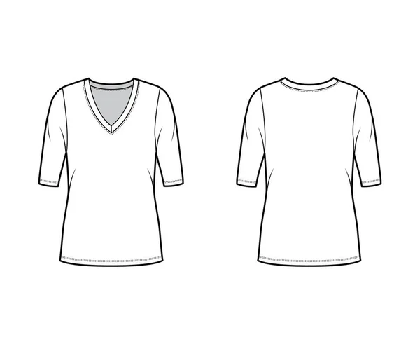 Deep V-hals trui technische mode illustratie met elleboog mouwen, oversized lichaam, tuniek lengte. — Stockvector