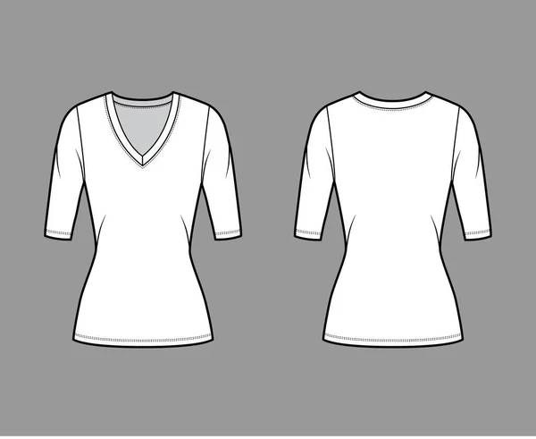 Camisola de pescoço profundo em V técnica de moda ilustração com mangas de cotovelo, forma de ajuste próximo, comprimento de túnica . — Vetor de Stock