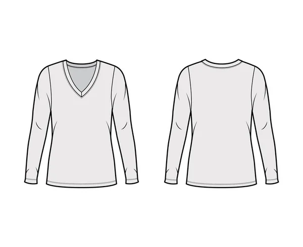 Jersey de cuello en V profundo suéter ilustración técnica de moda con mangas largas, cuerpo de gran tamaño, longitud de la túnica. — Vector de stock