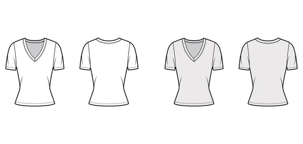 T-shirt col V en jersey profond illustration de mode technique à manches courtes, forme moulante. — Image vectorielle