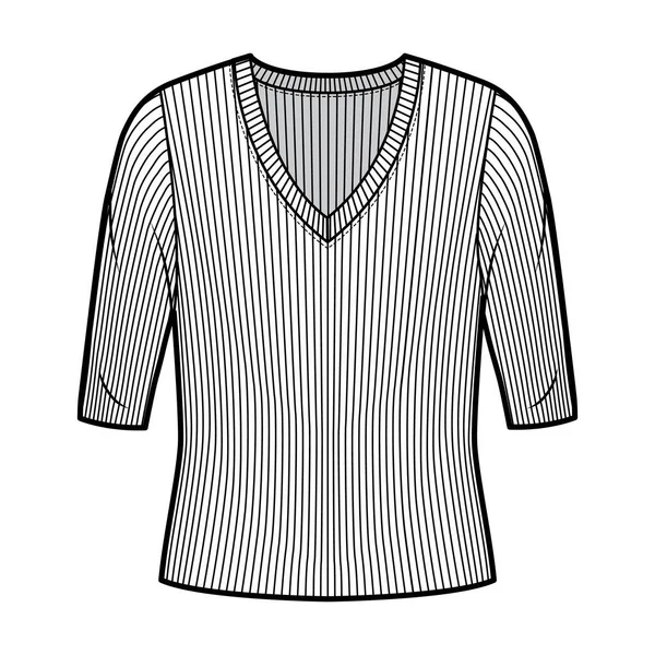 Jersey de punto con cuello en V acanalado ilustración técnica de moda con mangas de codo, cuerpo sobredimensionado. — Vector de stock